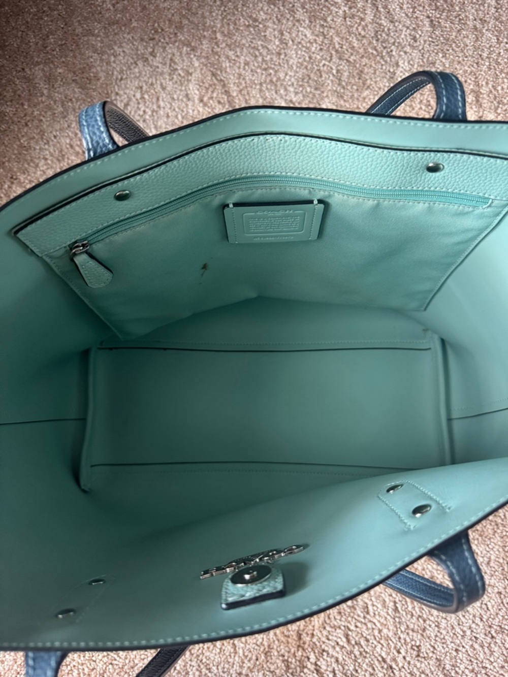 Coach Pebbled Leather Tote in Blue with Mint Interior - Picture 5 of 8